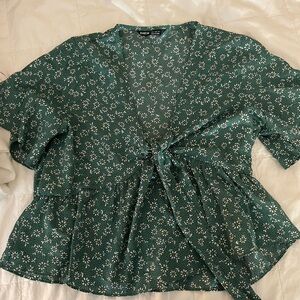 SHEIN Green Floral Tie-Front Blouse